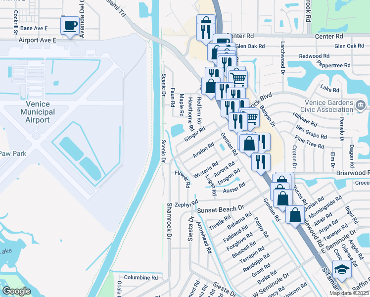 map of restaurants, bars, coffee shops, grocery stores, and more near 471 Ginger Road in Venice