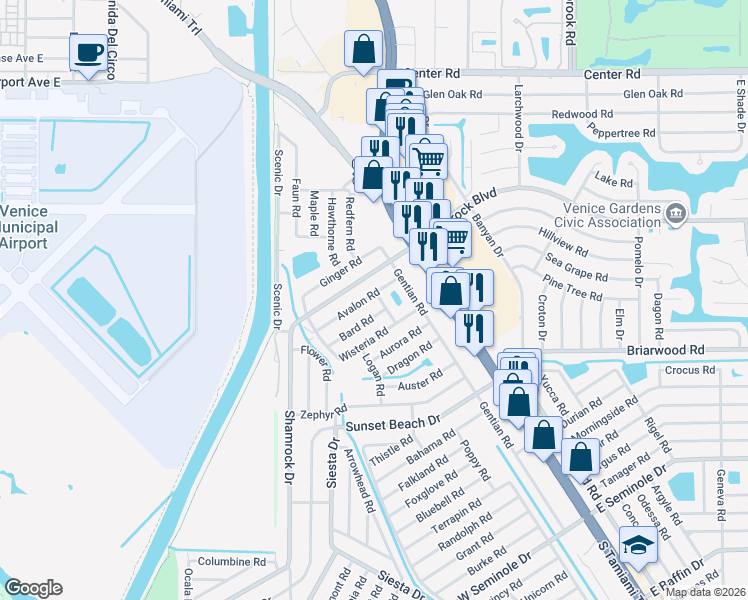 map of restaurants, bars, coffee shops, grocery stores, and more near 207 Avalon Road in Venice