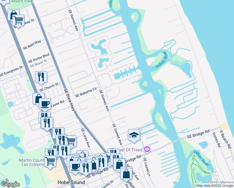 map of restaurants, bars, coffee shops, grocery stores, and more near 9280 Southeast Mystic Cove Terrace in Hobe Sound