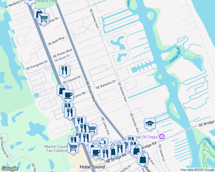 map of restaurants, bars, coffee shops, grocery stores, and more near 8766 Southeast Bahama Circle in Hobe Sound