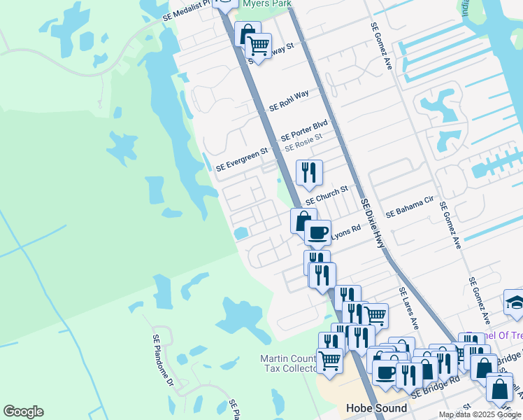 map of restaurants, bars, coffee shops, grocery stores, and more near 11000 Southeast Federal Highway in Hobe Sound