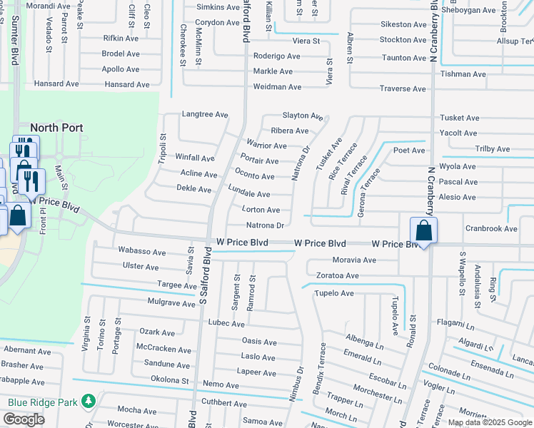 map of restaurants, bars, coffee shops, grocery stores, and more near 3713 Lorton Avenue in North Port