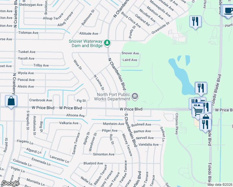 map of restaurants, bars, coffee shops, grocery stores, and more near 1161 McCrory St in North Port