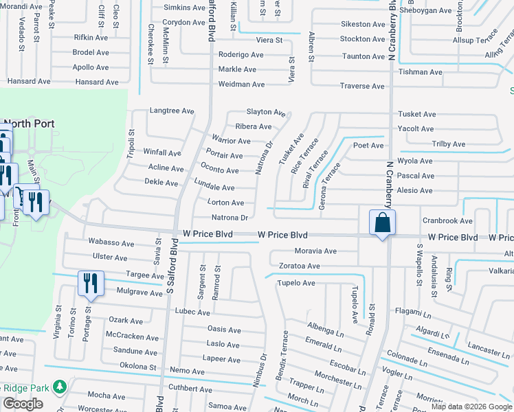 map of restaurants, bars, coffee shops, grocery stores, and more near 1166 Wayward Avenue in North Port
