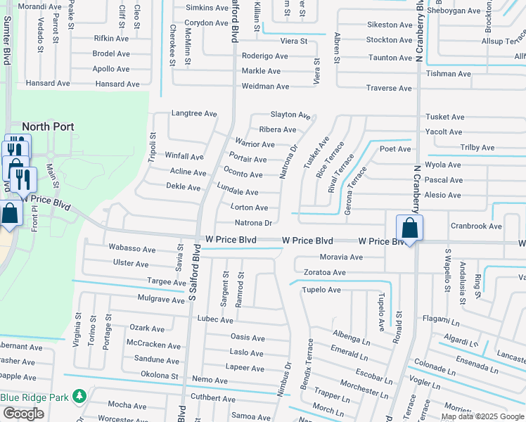 map of restaurants, bars, coffee shops, grocery stores, and more near 3694 Lorton Avenue in North Port