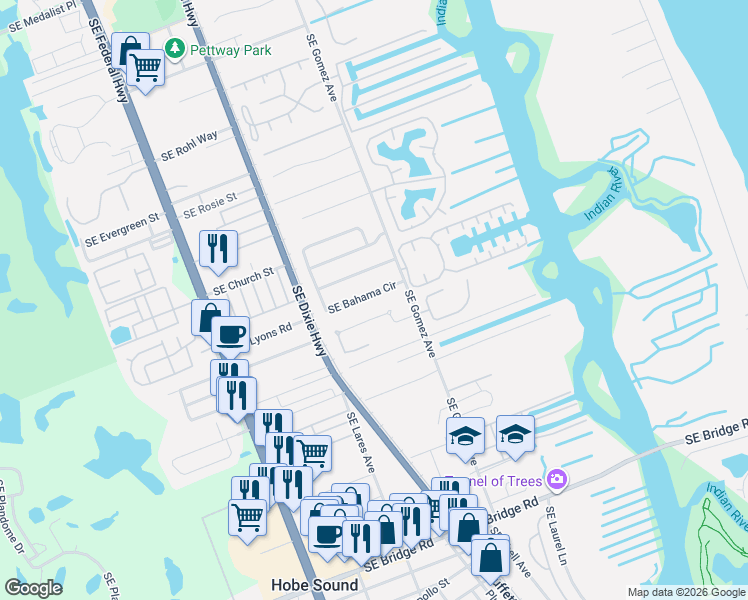 map of restaurants, bars, coffee shops, grocery stores, and more near 8766 Southeast Bahama Circle in Hobe Sound