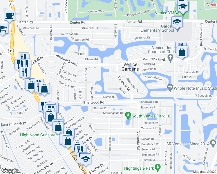 map of restaurants, bars, coffee shops, grocery stores, and more near 424 Edgewood Road in Venice