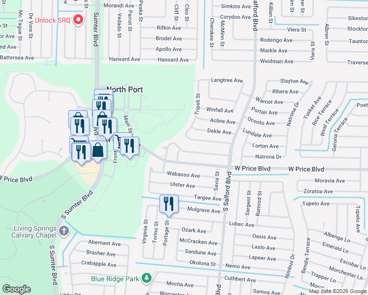 map of restaurants, bars, coffee shops, grocery stores, and more near 4476 Symco Avenue in North Port