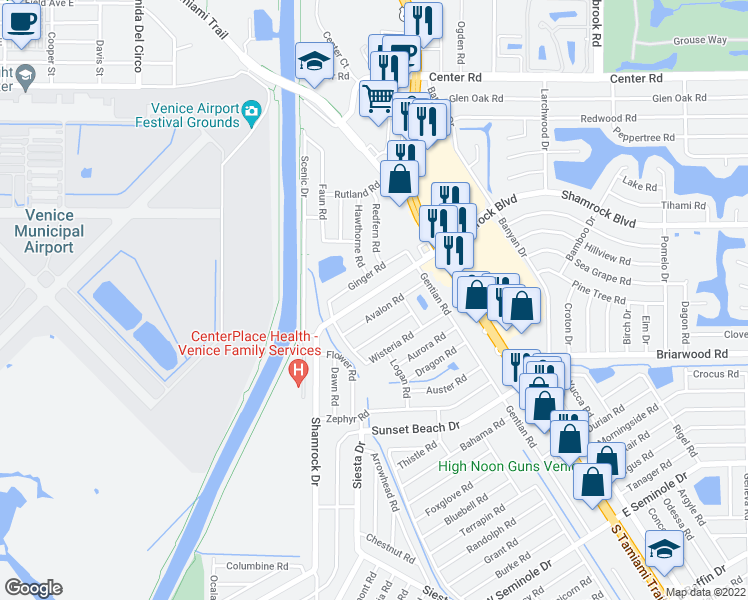 map of restaurants, bars, coffee shops, grocery stores, and more near 48 Shamrock Boulevard in Venice