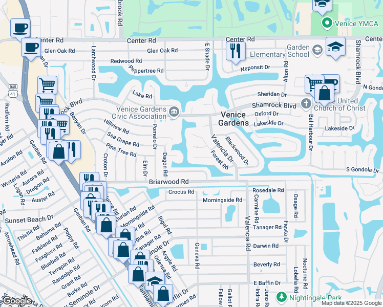 map of restaurants, bars, coffee shops, grocery stores, and more near 424 Edgewood Road in Venice