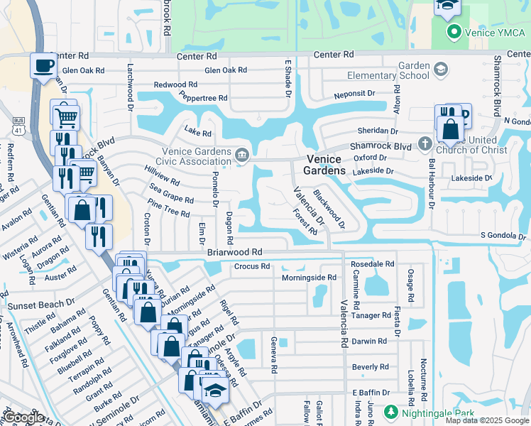 map of restaurants, bars, coffee shops, grocery stores, and more near 424 Edgewood Road in Venice