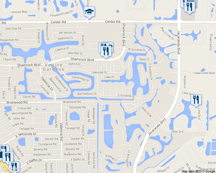map of restaurants, bars, coffee shops, grocery stores, and more near 1716 Coral Sands Court in Venice