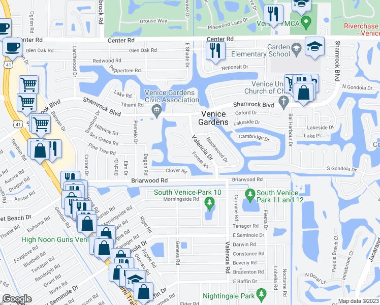 map of restaurants, bars, coffee shops, grocery stores, and more near 1754 Forest Road in Venice