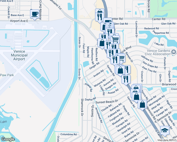 map of restaurants, bars, coffee shops, grocery stores, and more near 471 Ginger Rd in Venice