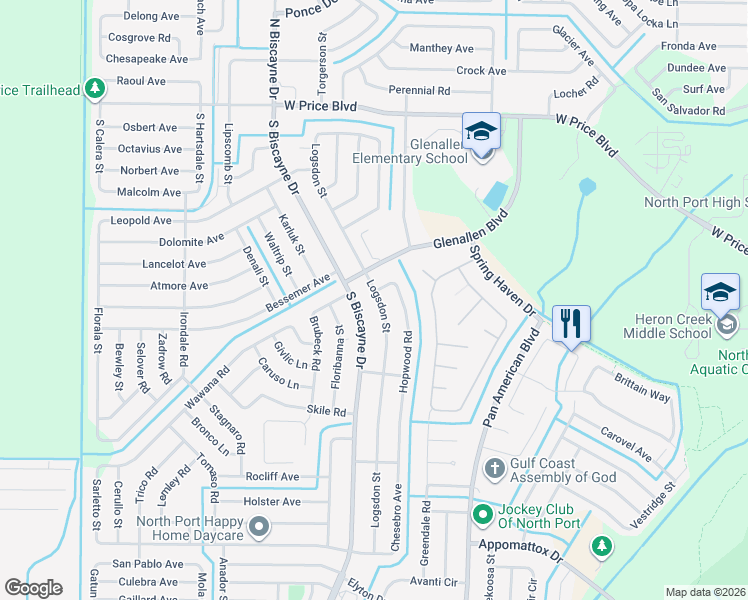 map of restaurants, bars, coffee shops, grocery stores, and more near 2111 Logsdon Street in North Port