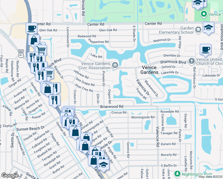 map of restaurants, bars, coffee shops, grocery stores, and more near 403 Pine Tree Terrace in Venice