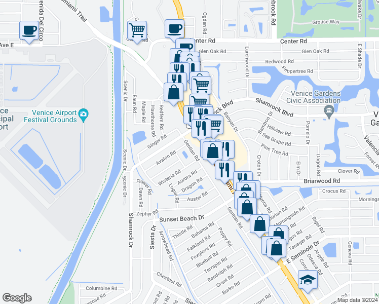 map of restaurants, bars, coffee shops, grocery stores, and more near 2271 Gentian Road in Venice