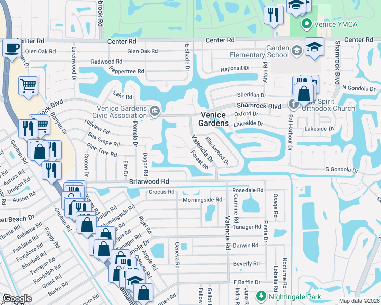 map of restaurants, bars, coffee shops, grocery stores, and more near 445 Edgewood Road in Venice