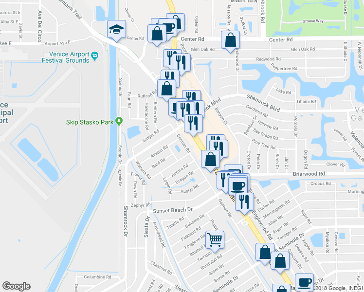 map of restaurants, bars, coffee shops, grocery stores, and more near 2271 Gentian Road in Venice