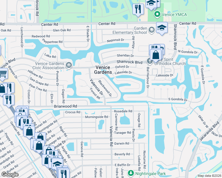 map of restaurants, bars, coffee shops, grocery stores, and more near 2271 Blackwood Drive in Venice