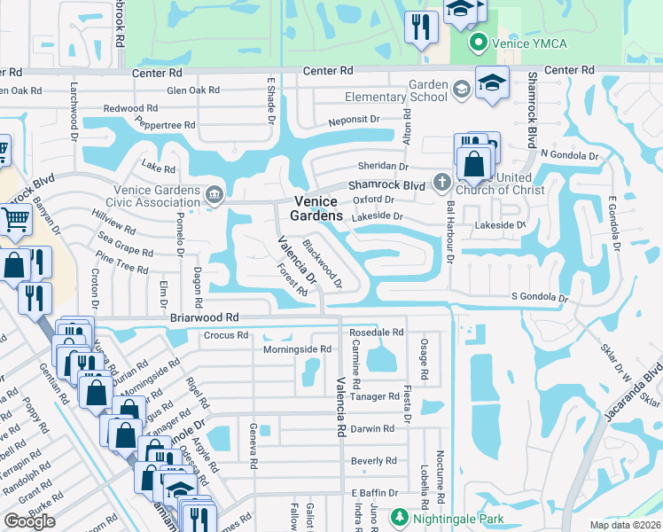 map of restaurants, bars, coffee shops, grocery stores, and more near 2271 Blackwood Drive in Venice