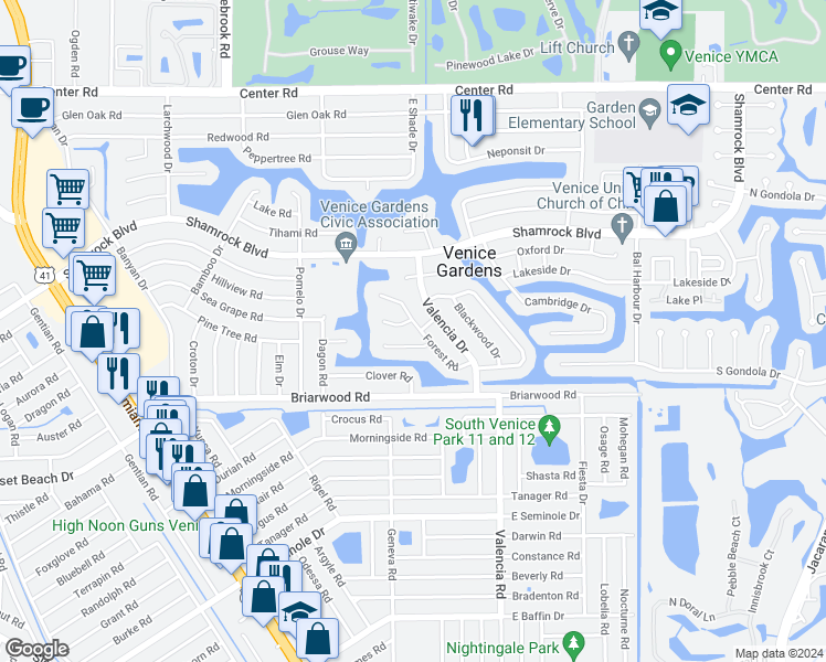 map of restaurants, bars, coffee shops, grocery stores, and more near 1750 Forest Road in Venice