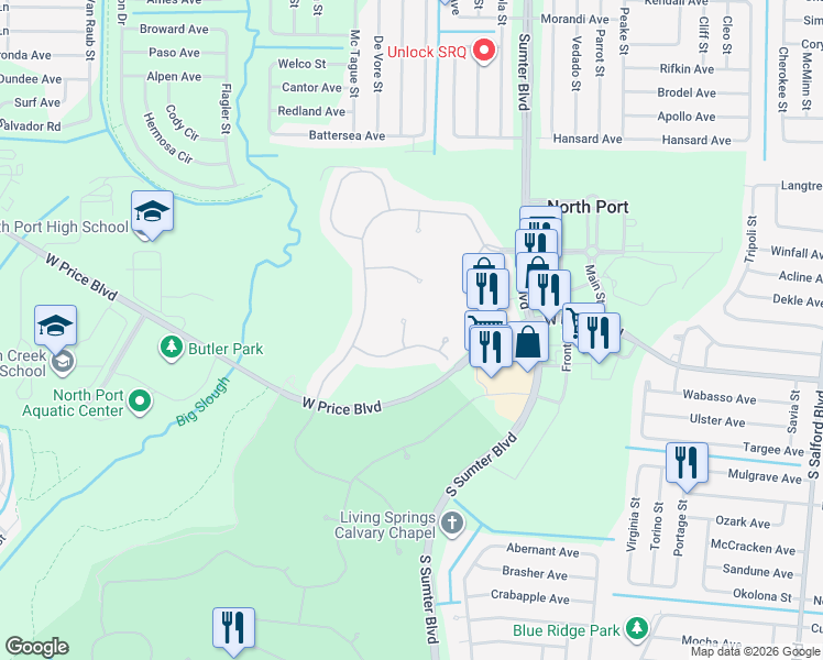 map of restaurants, bars, coffee shops, grocery stores, and more near 1220 Night Wind Terrace in North Port