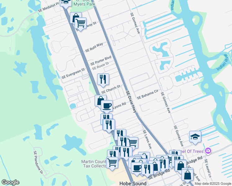 map of restaurants, bars, coffee shops, grocery stores, and more near 48 Crestwood Lane in Hobe Sound