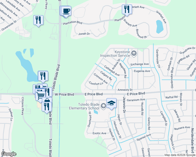 map of restaurants, bars, coffee shops, grocery stores, and more near 1115 Crimson Avenue in North Port