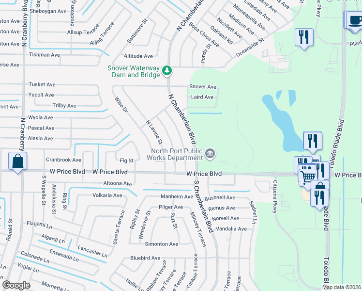 map of restaurants, bars, coffee shops, grocery stores, and more near 1181 McCrory Street in North Port