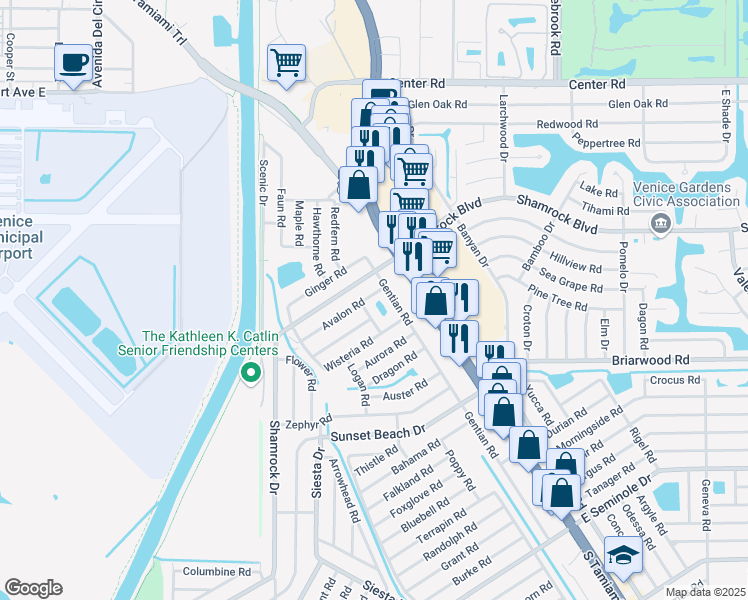 map of restaurants, bars, coffee shops, grocery stores, and more near 175 Avalon Road in Venice