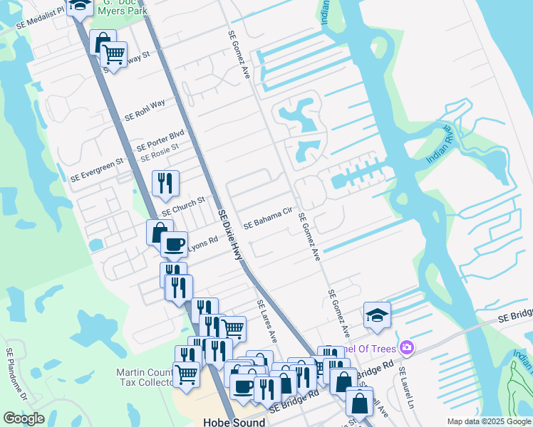 map of restaurants, bars, coffee shops, grocery stores, and more near 8766 Southeast Bahama Circle in Hobe Sound