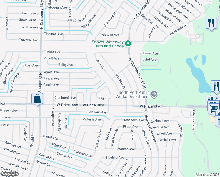 map of restaurants, bars, coffee shops, grocery stores, and more near 1154 Gaucho Terrace in North Port