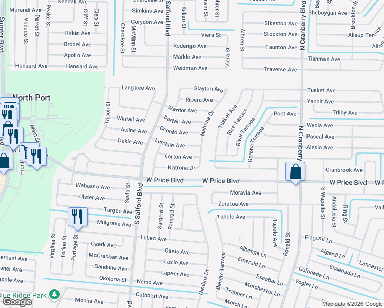 map of restaurants, bars, coffee shops, grocery stores, and more near 1166 Wayward Avenue in North Port