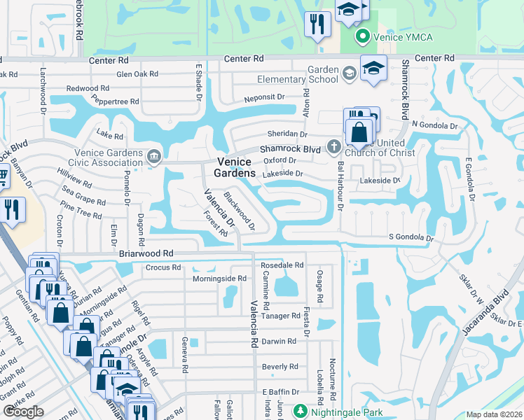 map of restaurants, bars, coffee shops, grocery stores, and more near 2281 Sandlewood Drive in Venice