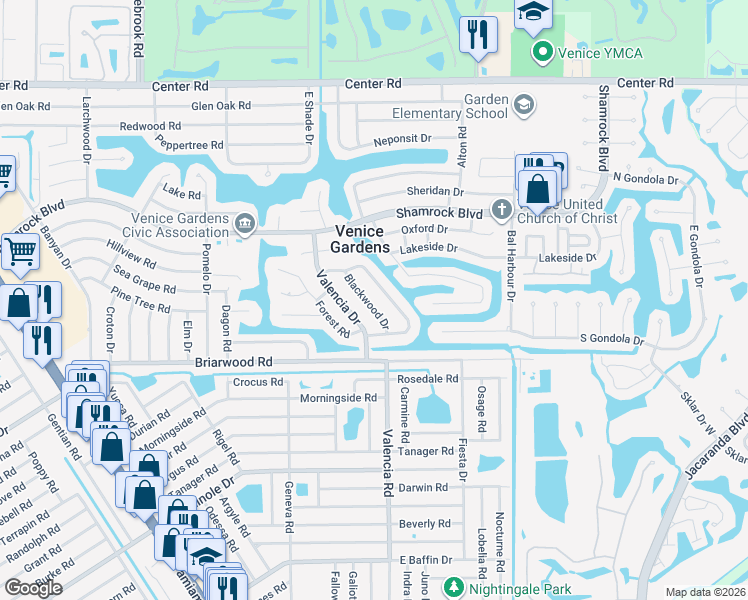 map of restaurants, bars, coffee shops, grocery stores, and more near 2271 Blackwood Drive in Venice