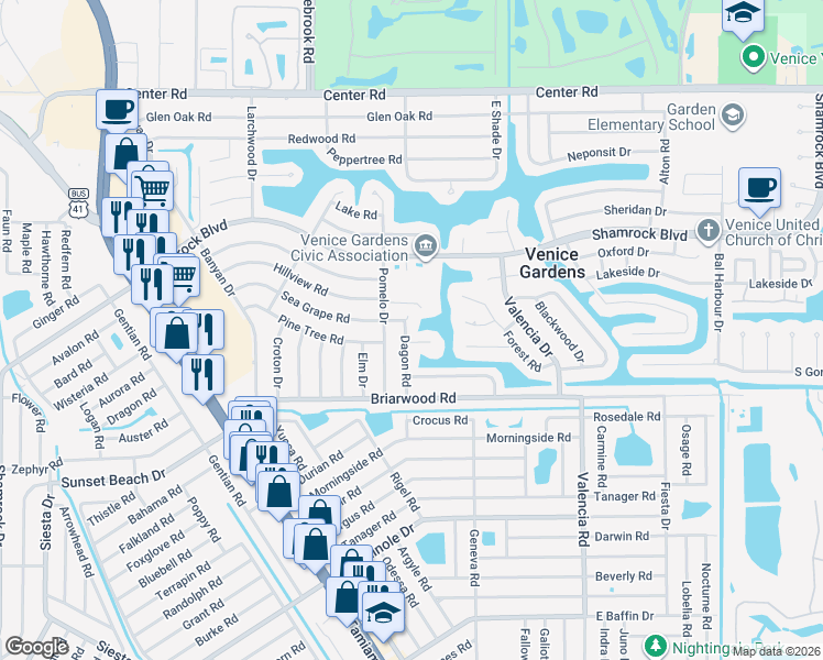 map of restaurants, bars, coffee shops, grocery stores, and more near 403 Pine Tree Terrace in Venice