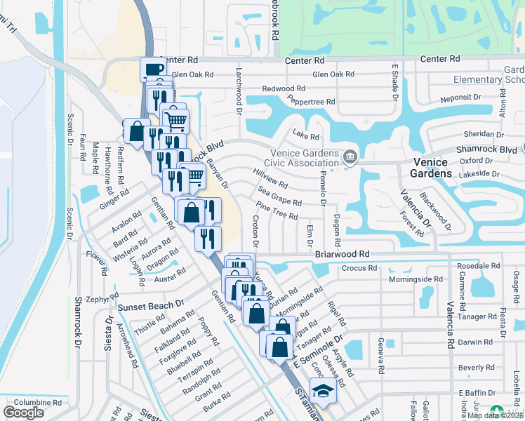 map of restaurants, bars, coffee shops, grocery stores, and more near 338 Pine Tree Road in Venice