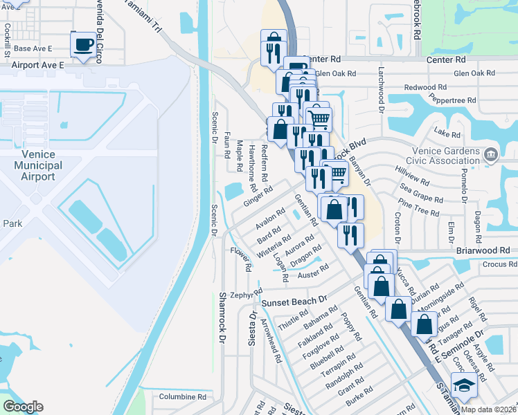 map of restaurants, bars, coffee shops, grocery stores, and more near 48 Shamrock Boulevard in Venice