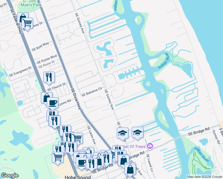 map of restaurants, bars, coffee shops, grocery stores, and more near 9137 Southeast Mystic Cove Terrace in Hobe Sound