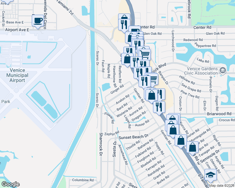 map of restaurants, bars, coffee shops, grocery stores, and more near 48 Shamrock Boulevard in Venice