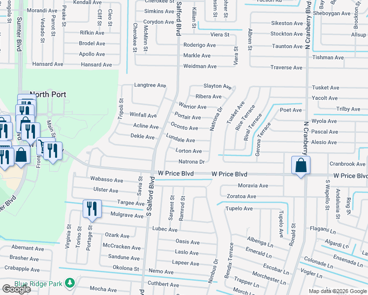 map of restaurants, bars, coffee shops, grocery stores, and more near 3774 Lorton Avenue in North Port