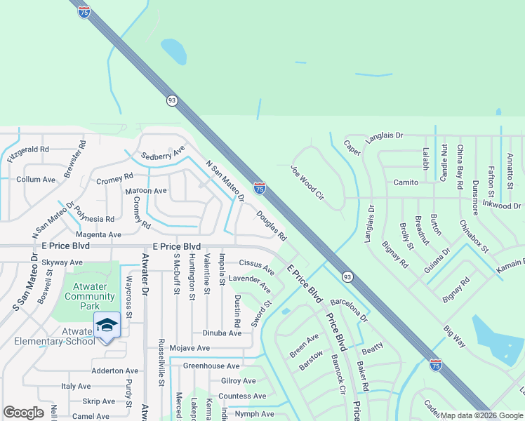 map of restaurants, bars, coffee shops, grocery stores, and more near 5540 Douglas Road in North Port