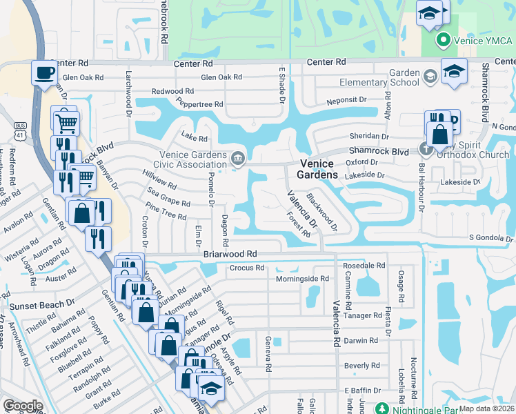 map of restaurants, bars, coffee shops, grocery stores, and more near 424 Edgewood Road in Venice