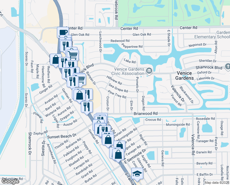 map of restaurants, bars, coffee shops, grocery stores, and more near 338 Pine Tree Road in Venice