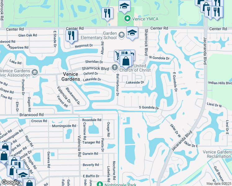 map of restaurants, bars, coffee shops, grocery stores, and more near 2220 Bal Harbour Drive in Venice