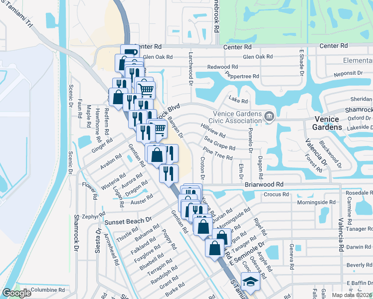 map of restaurants, bars, coffee shops, grocery stores, and more near 1752 Banyan Drive in Venice