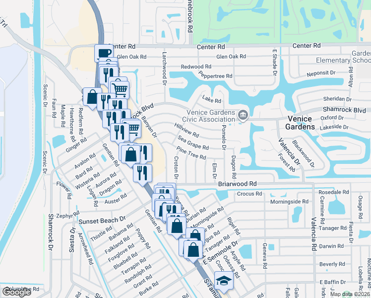 map of restaurants, bars, coffee shops, grocery stores, and more near 338 Pine Tree Road in Venice