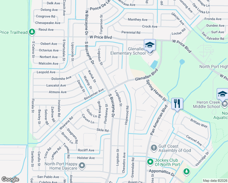 map of restaurants, bars, coffee shops, grocery stores, and more near 2051 Logsdon Street in North Port