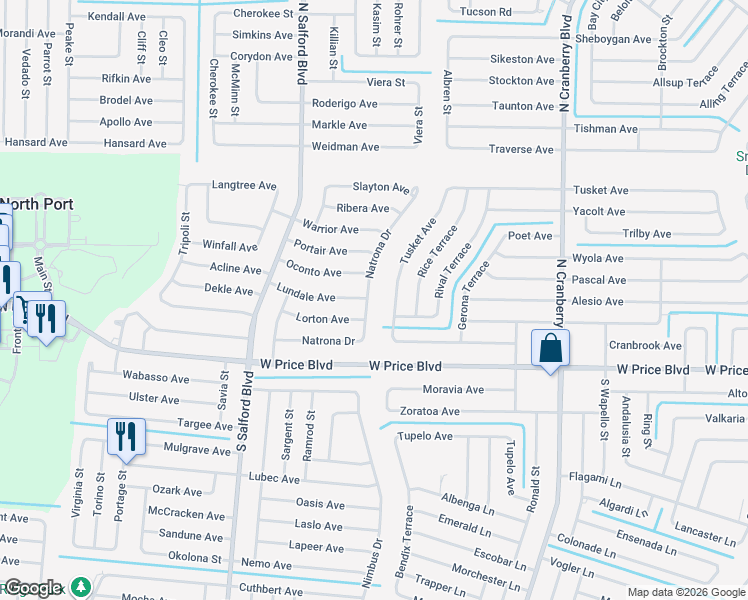 map of restaurants, bars, coffee shops, grocery stores, and more near 1305 Natrona Drive in North Port